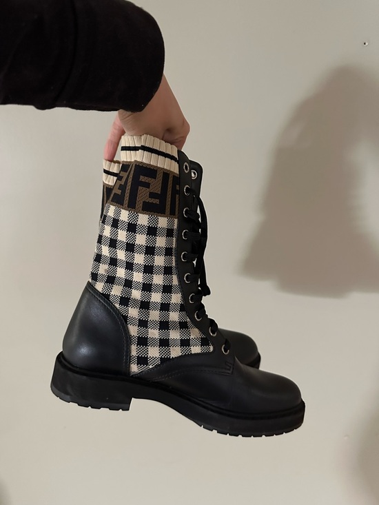 Fendi Shoes - Fendi Black Leather & Cream Check Lace-Up Combat Boots